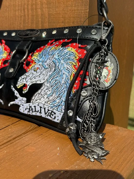 NWT Ed Hardy Black Shoulder Bag with Twin Unicorn Embroidery - Picture 5 of 10